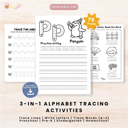 Alphabet Tracing Worksheets PDF – Line Tracing, Letter Writing & Vocabulary Trace A–Z | 78 Pages - Etsy