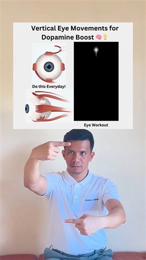Simple vertical eye movement exercise that can help boost dopamine and sharpen your focus 👀⬆️⬇️ Vertical eye movements stimulate the midbrain and brainstem pathways involved in attention and motivation. This visual activation engages the dopaminergic system, which plays a key role in focus, drive, mood, and reward processing. It also improves eye–brain coordination, helping your nervous system shift into a more alert and energized state. A quick reset for your brain, no equipment needed. #dopam