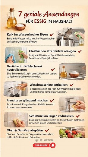 7 geniale Anwendungen für Essig im Haushalt 🍶✨ #FitFakten