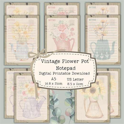Vintage Floral Notepad, Flower Pot Stationery, Cottagecore Writing Pad (Digital Download)