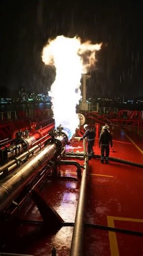Controlled gas flaring on a tanker ship. #maritime