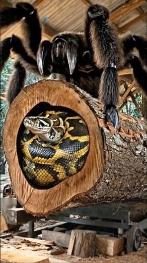 Giant Hairy Spider Smashes Log and Frees a Massive Python – Shocking Forest Encounter!