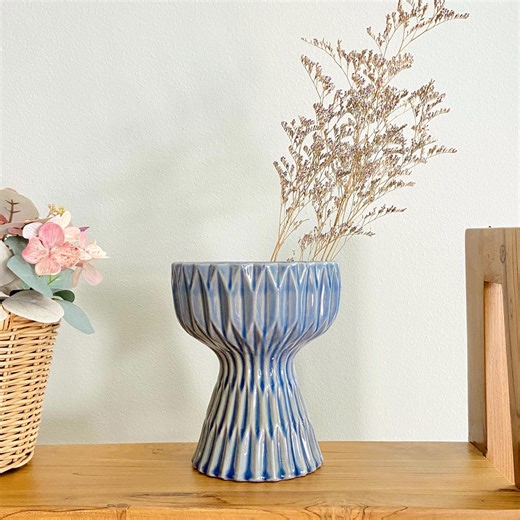 Blue Ribbed Ceramic Planter | Modern Flower Pot for Home Decor and Gifting | Drainage Included - Etsy