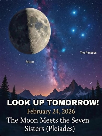 **Skywatch Alert: The Moon Meets the Seven Sisters 🌙✨** A beautiful night sky event is on the way! On February 24, the Moon will glide close to the famous Seven Sisters star cluster. The delicate crescent Moon, shining at about 38% illumination, will appear near the sparkling **Pleiades** (also known as Messier 45), creating a striking view in the evening sky. 🌎 **Special highlight for observers in North America, Central America, and the Caribbean:** Skywatchers in these regions may witness a