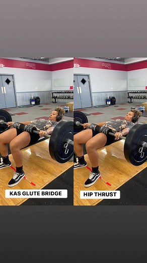 Kas Glute Bridge works the glutes in the shortened position, focusing more on the glutes & less of the quads. A bridge you are actively squeezing the glutes from bottom to top. The ROM ends right before the shins start moving in towards you. Hip thrust has a larger range of motion & will involve more quads. Both are great, but if you’re looking to hit more of the glutes, the bridge will be a better choice. #glutes #hipthrust #glutebridge #rom #trainingtips #fyp #reelsforyou #explorepage #reelsin