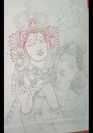 Outling the mural sketch with burnt sienna /Indian red #keralamuralpainting #drawing #youtubeshorts