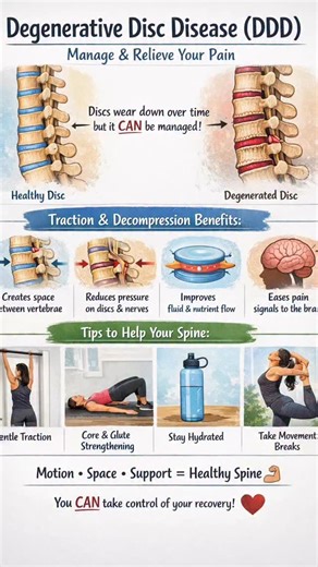 Degenerative Disc Disease (DDD) ≠ your spine is “breaking down.” It’s a natural age-related change where spinal discs lose hydration and height — and it can be managed with the right approach. 🧠🦴 ✨ What’s really happening: Your discs are shock absorbers. Over time, compression, posture, injuries, and repetitive stress can reduce their ability to hold fluid, leading to stiffness, pain, or nerve symptoms. 🧲 Why traction & decompression matter: • Creates space between vertebrae • Decreases press