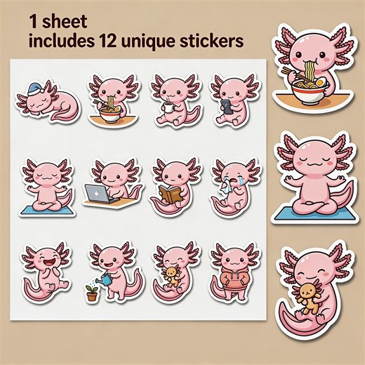 Sticker Sheet Cute Axolotl Doing Relatable Everyday Activities - Kawaii Planner & Journal Vinyl Stickers - Etsy