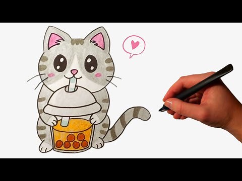 How to Draw a Cute Cat Drinking Bubble Tea Easy