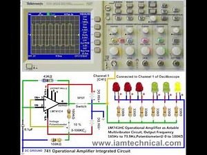 LM741, Operational Amplifier, Connected to Oscilloscope, Astable , Output frequency 165Hz to 73.9Hz