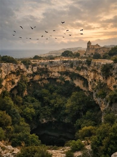 Il-Maqluba Sinkhole stands as Malta’s quiet warning. Locals say that centuries ago, the earth opened overnight and swallowed an entire village — leaving only silence behind. Whether legend or memory shaped by fear, the ground here feels heavy with meaning. The sinkhole doesn’t demand attention. It waits. Birds circle above, trees grow inward, and life continues around a scar that never healed. Malta has always lived close to forces larger than itself — war, sea, and nature alike. Il-Maqluba remi