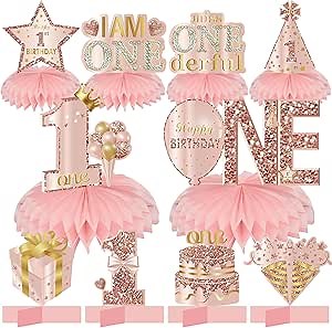 Turypaty 10Pcs 1st Birthday Decorations Honeycomb Centerpieces for Baby Girls, Pink Rose Gold Miss Onederful First Birthday Table Centerpieces Party Supplies, One Year Old Bday Table Topper Decor