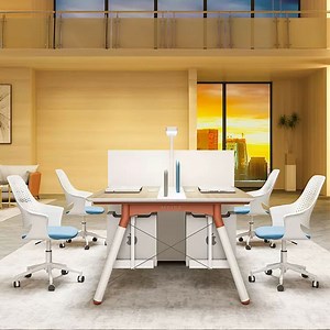 [Hot Item] Liyu Elegant White Metallic Frame Wooden Office Workstation Desk Computer Screen Desks and Chairs Set Staff Office Desk