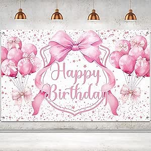 Pink Bow Happy Birthday Banner Backdrop for Coquette Birthday Decorations, Coquette Bachelorette Party Decorations, 6 x 3.6 Ft