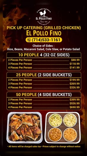 El Pollo Fino (Mexican Food) on Instagram: "Catering Packages Available 🎉🍗 Leave the cooking to us — pick up catering packages today! 🐓 ✨ El Pollo Fino 🐔 723 N. Anaheim Blvd. 📍 Anaheim, CA 92805 How to order: Call: [(714] 726-6461📞 DM us to place your order 💬 Catering packages available! 🎉🍗 Leave the cooking to us. El Pollo Fino — 723 N. Anaheim Blvd., Anaheim, CA 92805 📍 Call or DM to place your order. 📞💬 #Catering #CateringPackages #ElPolloFino #ElPollo #AnaheimEats #OrangeCountyEa