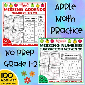 Apple Missing Addends & Subtraction Worksheets within 20 Find the Missing Number
