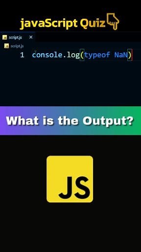 3.6K views · 79 reactions | JavaScript Quiz: What’s the type of NaN? #short #shortsreels #facebookreel #javascript #javascriptchallenge #facebookshorts #facebookvideo #webdevelopment #jsquiz #CodingShorts #learnjavascript #coding #ProgrammingFun #javascripttips #developer | Coding Cloud | Facebook