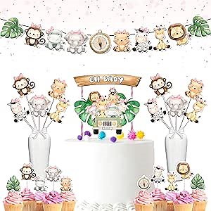Jungle Safari Baby Shower Decorations Set – Wild One Safari Animal Party Supplies with Banner, Cupcake Toppers, Cake Topper & Centerpieces – Cute Lion, Elephant, Monkey, Giraffe, Tiger
