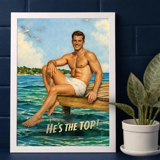 Vintage Beefcake Poster: “he’s the Top!” Nautical Pin-up Art Print, Retro 1950s Campy Beach Stud, Mid-century Hunky Decor - Etsy