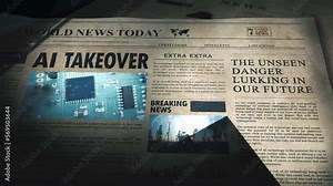 AI Takeover on Cover of Newspaper, Artificial Intelligence, Animation With Computer Processor and Headlines