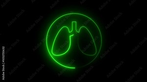 The appearance of the neon glowing symbol lungs icon with neon circle. neon human Lung and kidney icon animation .Human lung and kidney icon animation on black background. Used in medical science