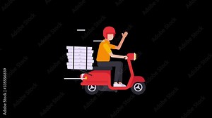 Courier on scooter with pizza on trunk. Rides along screen. Transparent background