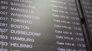 Arrival departure board in airport terminal. Digital board showing airline flight information for passengers who travel with international flight