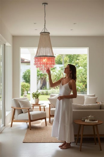 Pink Capiz Shell Chandelier: Handmade Coastal Boho Pendant Ligh, Shell Chandelier Decor - Etsy