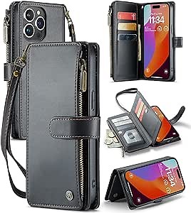 CaseMe for iPhone 15 Pro Max Wallet Case with RFID Blocking Card Holder for Women Men, Durable Zipper Strap Kickstand Shockproof Phone Cover, Black