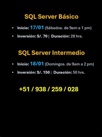 Cursos a empezar esta semana. SQL Server Básico, SQL Server Intermedio. #oracle #sql #computacion #sistemas #plsql #basededatos #dataengineer
