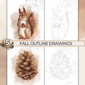 Fall Outline Drawings for Painting, Watercolor Drawing Outlines Autumn Squirrel Acorn Landscape Coloring Page Traceable Printable template - Etsy