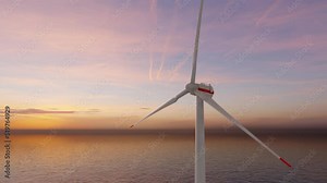 Wind power plant towers in sea. Energy Windwill in dusk ocean at sunset with beautiful golden horizon. Windenergy farm with many turbine windwill generating alternative energy.