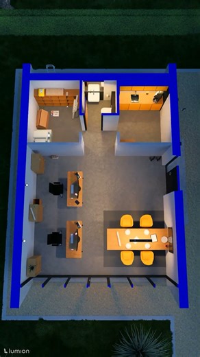 Office Building Design 1 (10 x 7,50 m) | Floor Plan | Blue | Night Time