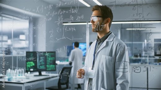 Visionary Scientist in Modern Lab Analyzing Augmented Reality Data and Scientific Formulas, Driving Innovation and Future Discoveries in Research and Development