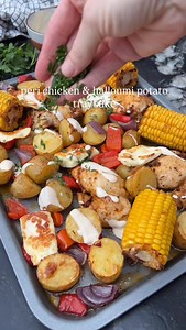 Peri Peri Chicken & Halloumi Traybake This was an absolute banger 😍 everything cooks on one tray making it a super easy and simple dinner that the whole family can enjoy. Plus it’s a good recipe to meal prep and keep in fridge for 3 days 👌🏼 Want more recipes like this? Grab my cookbook “Low-Cal Kitchen Bangers” that’s got 100 more delish easy recipes. Links in my bio 🫶🏼 Ingredients (serves 4): 4 boneless chicken thighs (mine were 510g) 1 tbsp olive oil 2 tbsp nandos peri rub (can sub for pe