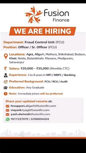 Fusion Finance vacancy for Frud control unit | December 2025 | post Officers #privatejobs #bankjobs