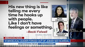 Jerry Falwell Jr., the evangelical leader of Liberty University, is stepping down as president of the school in the wake of salacious allegations involving his wife, a young pool attendant and himself. https://cbsn.ws/3huQ9yS | CBS Evening News