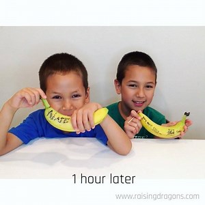 27K views · 215 reactions | Secret Message on a Banana  age 4+  Here's a fun way to write secret messages! Simply take a toothpick and tap out a message on a banana. At first, you won't see the message at all, but after about an hour the message darkens and becomes clearly visible! So cool!  | Raising Dragons - Activities For Kids | Facebook