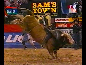 Paulo Crimber on Terry Williams' #11 Smokin' Smurf during round 4 at the 2001 PBR World Finals in Las Vegas, NV for 88 points. | All Things Roughstock