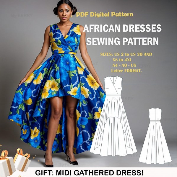 High-low African Dress Sewing Pattern: Surplice Neck Ball Gown (PDF Pattern) - Etsy