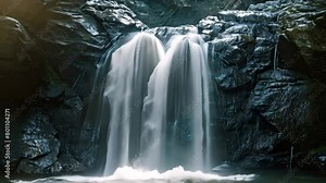 A breathtaking view of a powerful waterfall with two individuals enjoying its cascading beauty, A gentle waterfall forming a heart shape as it cascades Stock Video