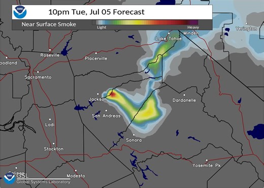 Smoke plume model indicates smoke likely to impact Sonora after midnight tonight and Wednesday morning. | US National Weather Service Sacramento California