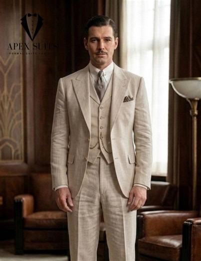 Men Linen Suit 1930s Style Wide Pant Beige Summer Linen Suits - Etsy