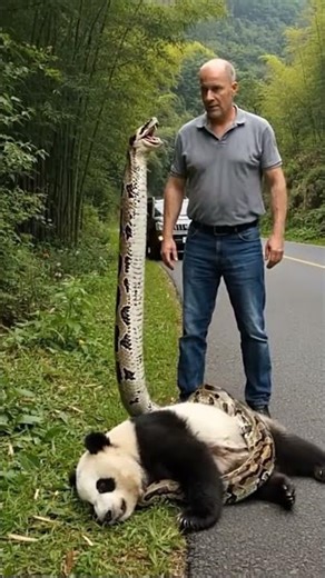 A Brave Man saves a Panda from Dangerous Python #animals #wildlife #animalrescue #rescueefforts