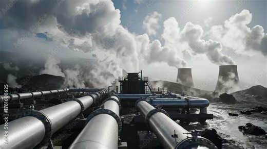 Geothermal Power Plant With Steam Coming From Cooling Towers