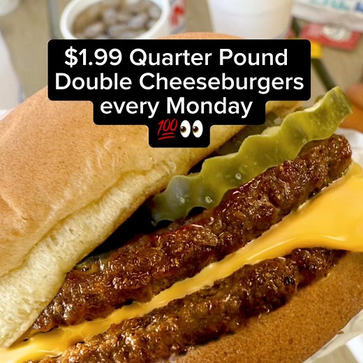 180K views · 1.8K reactions | $1.99 Quarter Pound Double Cheeseburgers at SONIC every Monday for a limited time   Each Quarter Pound Double Cheeseburger is $1.99 plus tax. Valid every Monday starting January 6, 2025, for a limited time at participating locations while supplies last. Includes two beef patties (approx. ¼ lb. precooked). Add-ons cost extra. Limit 5. Discount will automatically apply. Not valid with Combos, delivery or any other offers. | Sonic Drive-In | Facebook