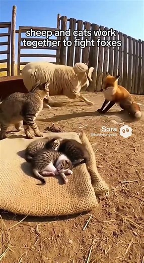 sheep and cats work together to fight foxes #cat #catpunch #fox #sheep