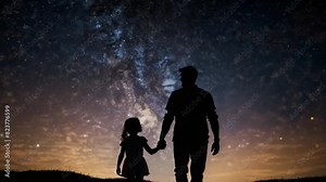 3d animation a poignant moment of father and a daughter in silhouette, hand in hand, under a vast, starry night sky, celebrating fathers day.
