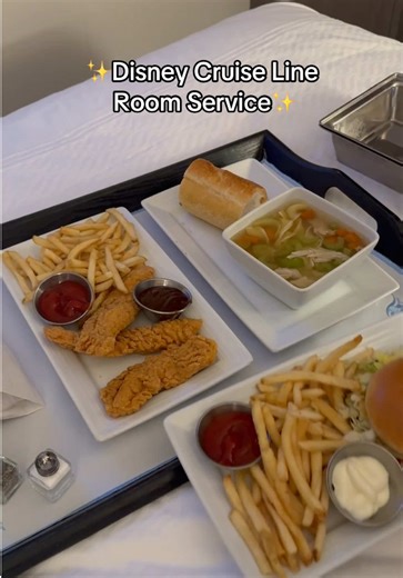 Free room service on Disney Cruise Line might be my favorite onboard perk. We ordered chicken noodle soup (honestly the best I’ve ever had), plus a burger, fries, and chicken tenders… all delivered straight to our stateroom anytime, day or night. If you’re planning a Disney cruise, don’t skip room service. It’s included and seriously underrated. We skipped our marvel dinner for this and we’d do it again! #DisneyCruiseLine #DisneyCruise #DCL #DisneyCruiseFood #DisneyTrave