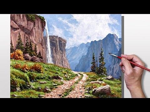 Acrylic Painting Mountain Cliff Waterfalls Landscape